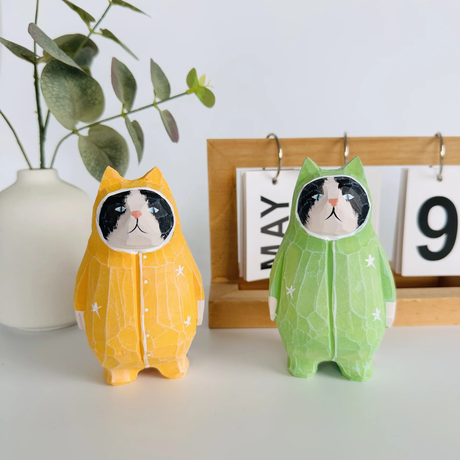 Hand-carved Wooden Cat Ornament, Home Desktop Decor, Cute Pet Gift, Trendy Figurine