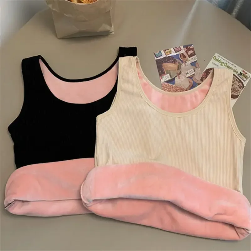 Camiseta térmica de invierno para mujer, sin costuras, con forro de terciopelo, sin mangas, chaleco cálido, camiseta interior para mujer, de color liso, lencería sexy.