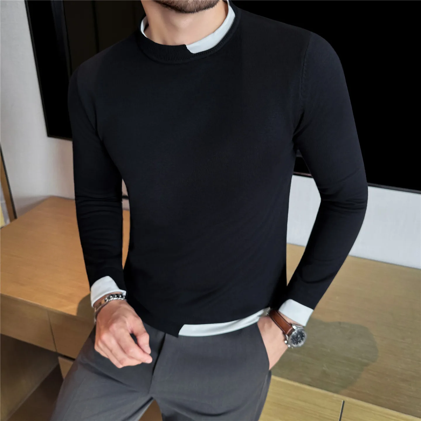 

Осень-зима 2025 года, искусственный свитер с двумя длинными рукавами, вязаный нижний свитер, модный повседневный деловой свитер, мужская одежда