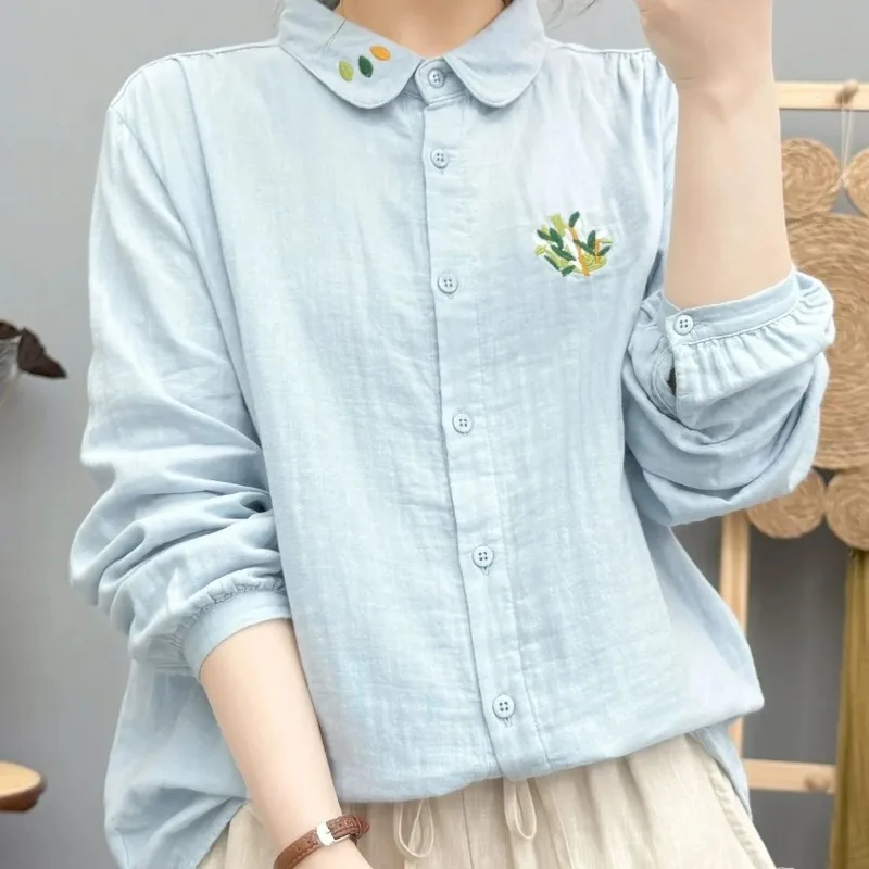 Women Doll Collar Double Layer Cotton Shirt Embroidery Design Soft Long Sleeve Literary Mori Style Casual Blouse Tops