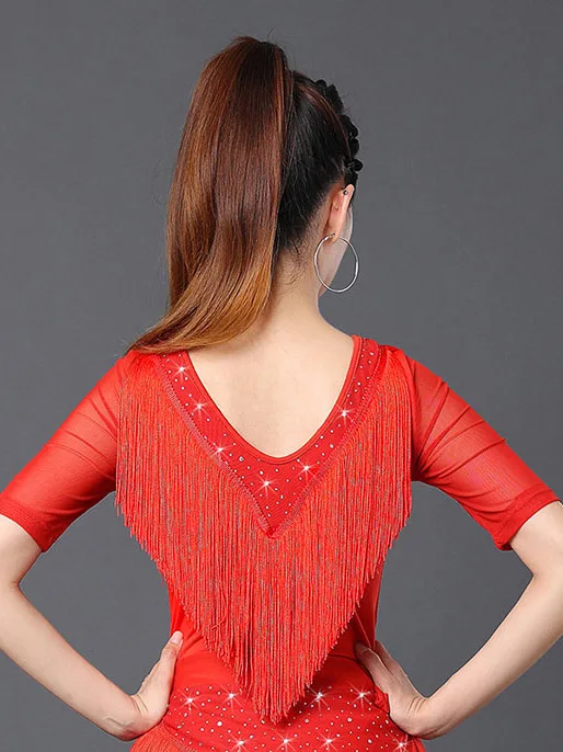 2024 Sommer Frauen Latin Dance Tops Mode sexy Spitze Hals Fransen Design Quaste Latin Tanz kleidung Tango Chacha Tanz