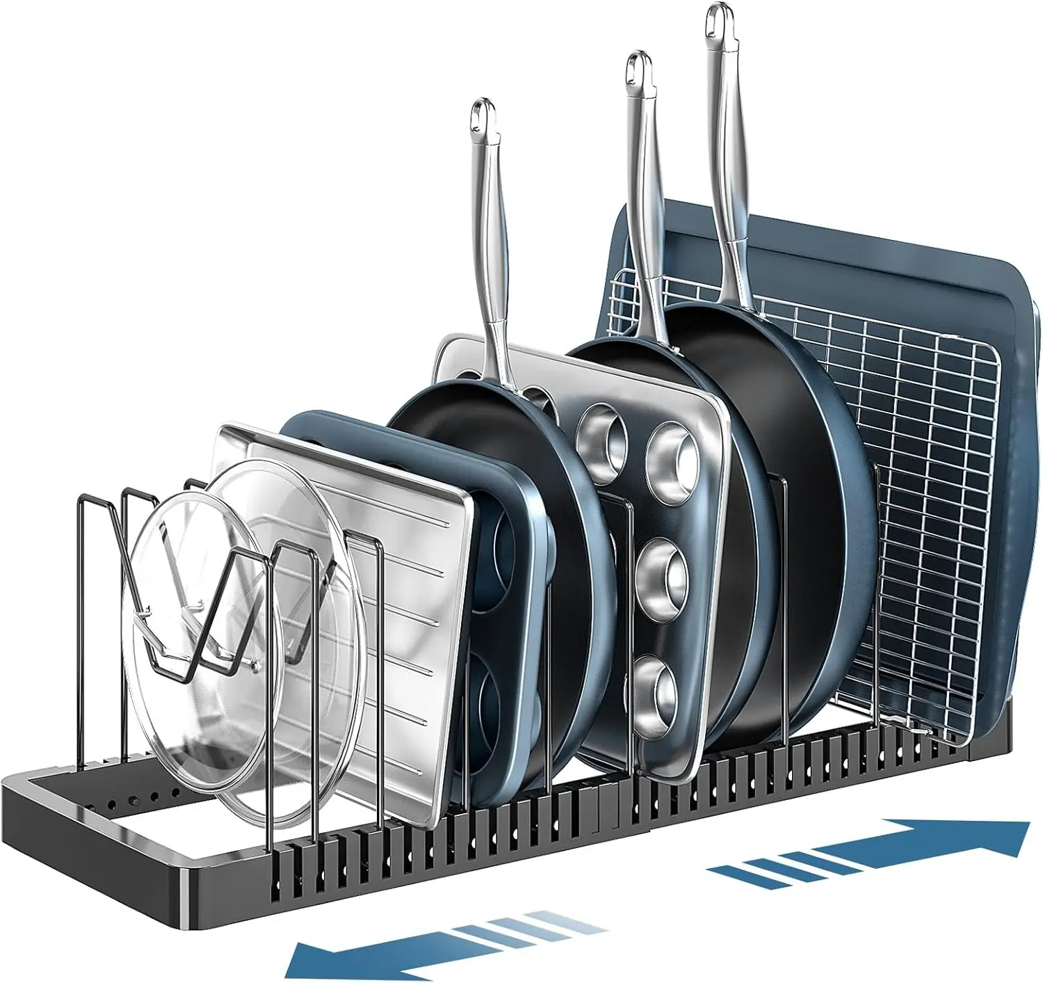 

Pots and Pans Organizer under Cabinet, Expandable Pot Lid Organizer Holder with 10 Adjustable Compartment, Pan Organizers
