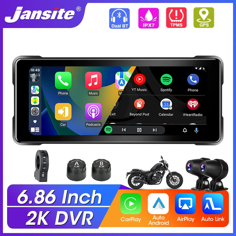 

Jansite 6.86'' Motorcycle Navigation DVR 2K Dual Lens IPX7 Waterproof Portable Wireless Carplay/Android Auto Bluetooth Monitor