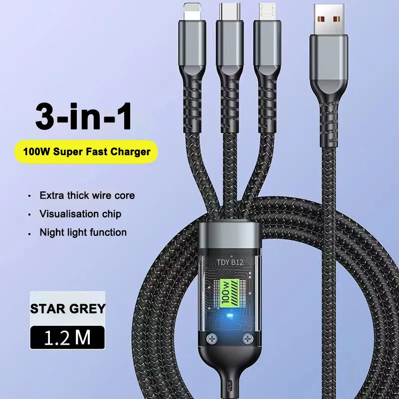Cabo de dados USB C tipo 3 em 1 de carregamento super rápido de 100 W com luz para iPhone Samsung Xiaomi Huawei Cabos de carregamento rápido