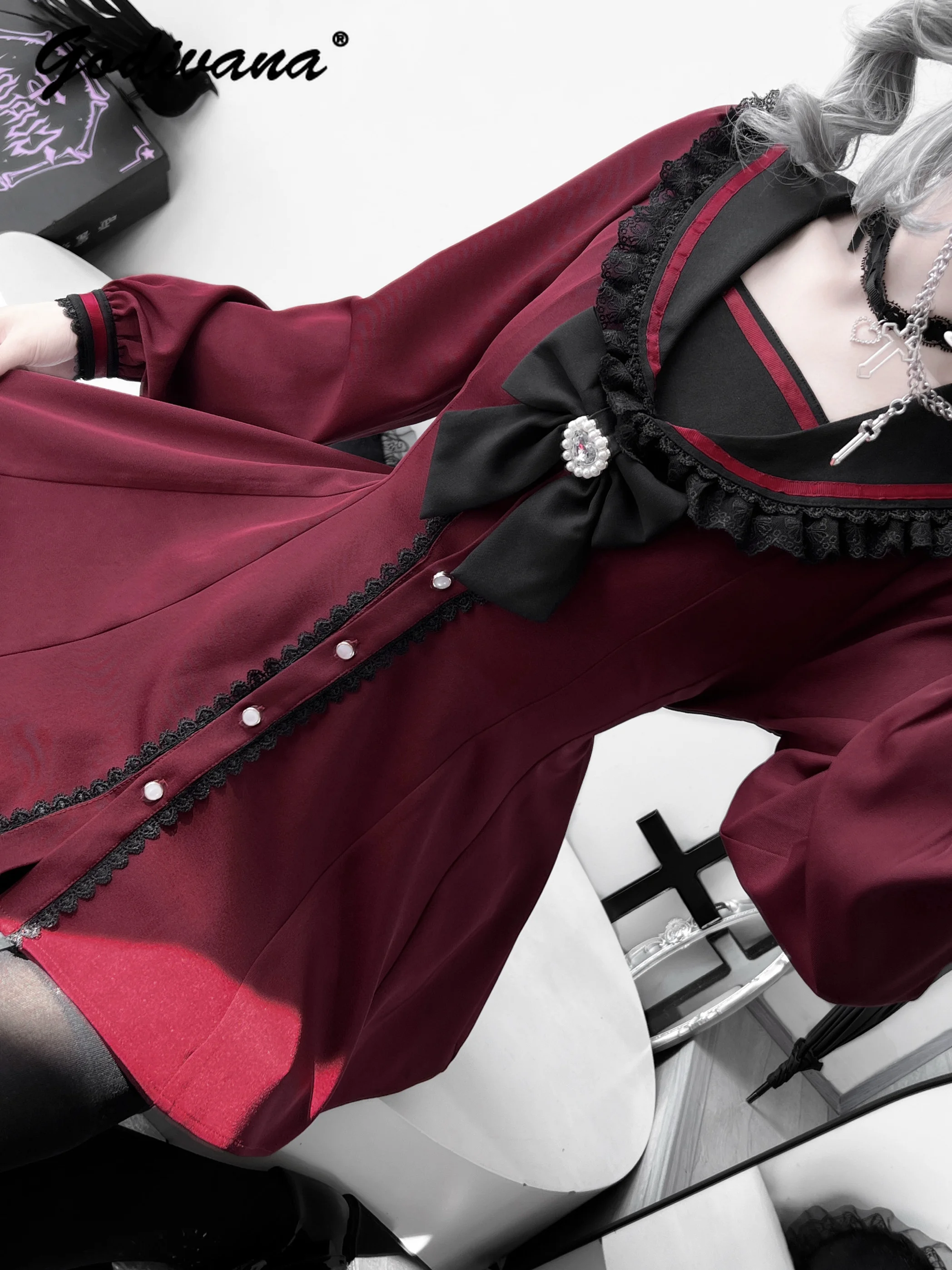 2025 신상 봄 일본 마이네 시리즈 세일러 칼라 귀여운 리본 슬림 긴팔 드레스 + 숏 투피스 여성 로리타 의상