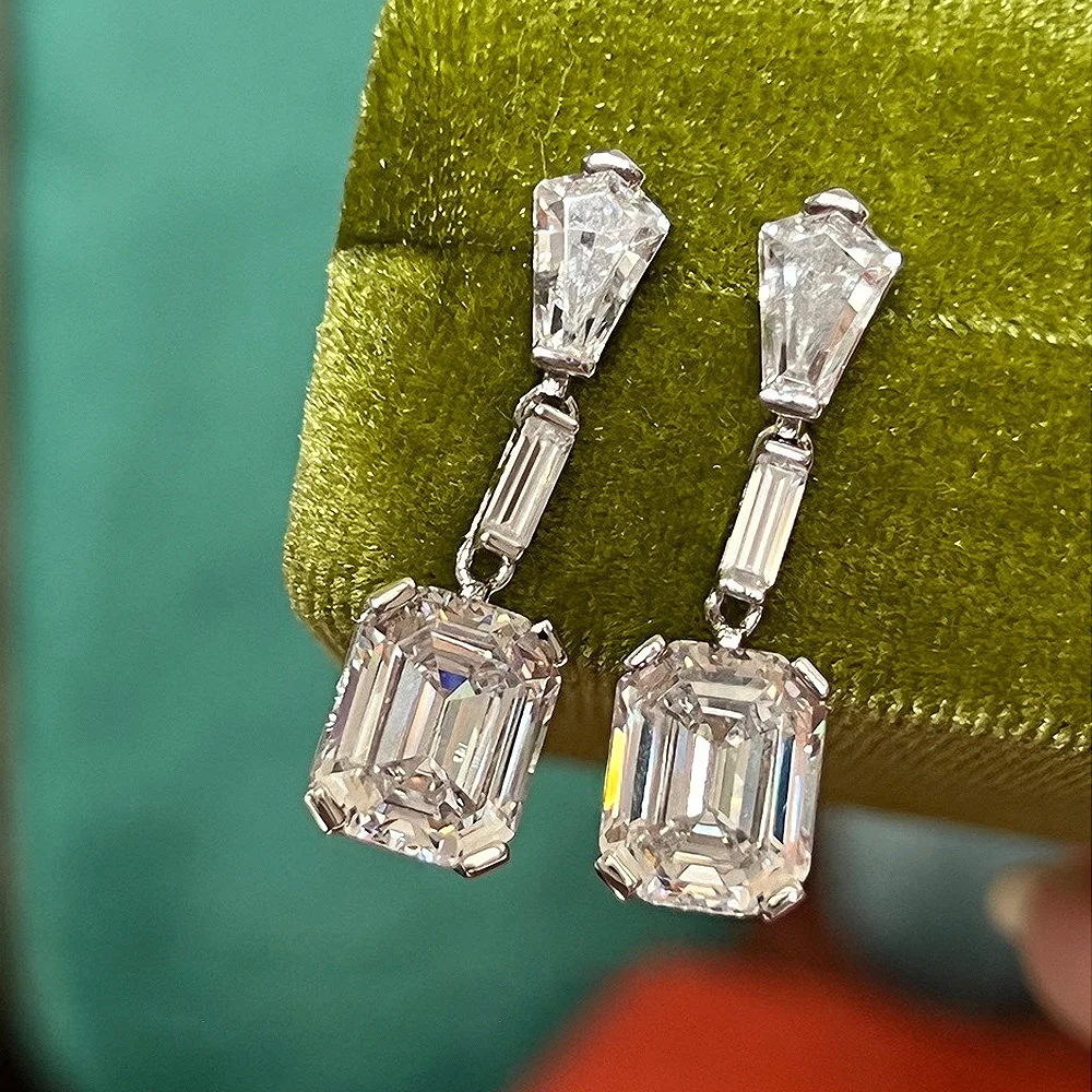 2023 new s925 silver 4ct rectangular pagoda cut 8 * 10 high carbon diamond earrings European and American light luxury