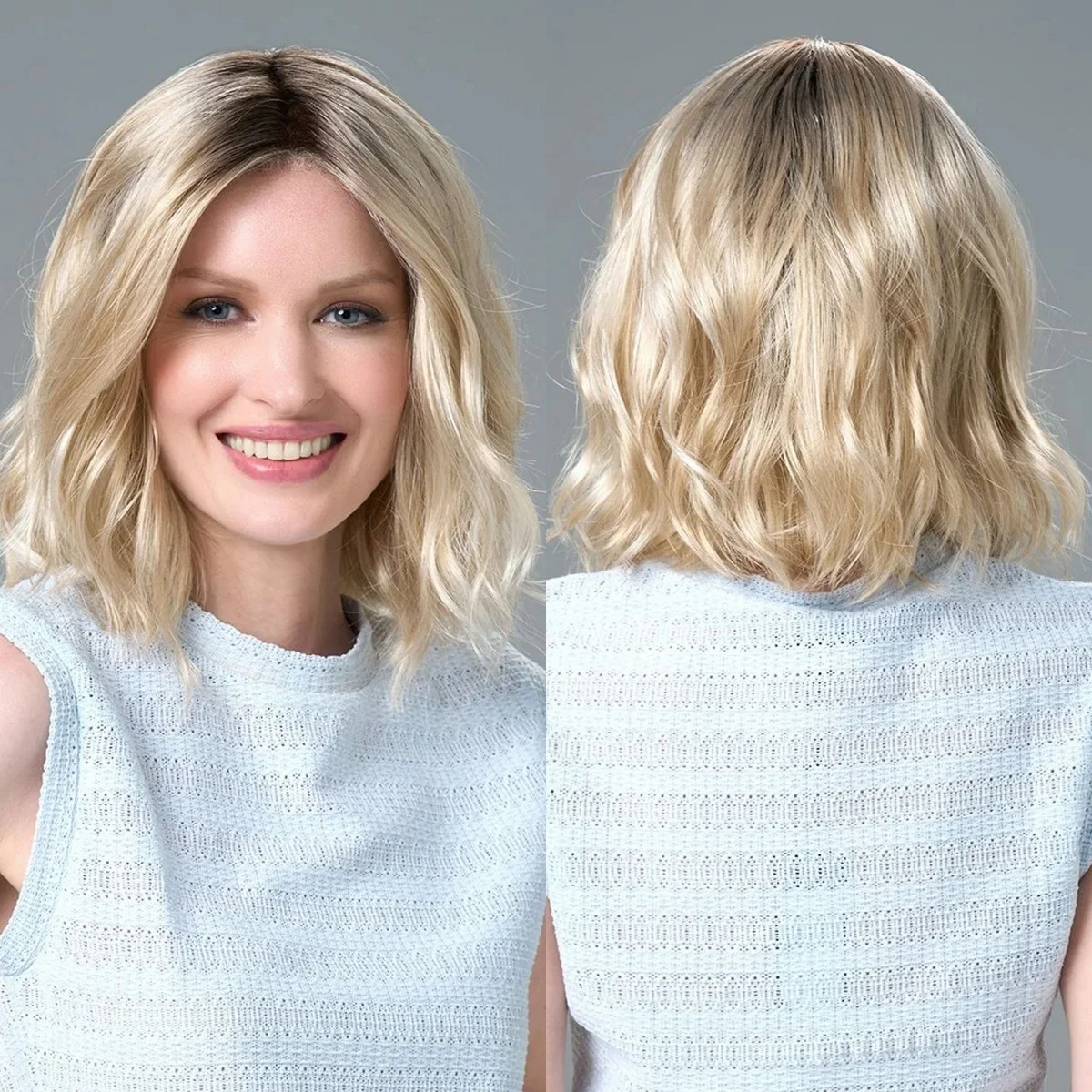 

16-дюймовый Ombre Пепельно-русый синтетический HD парик фронта шнурка Короткие натуральные свободные волны Боб Натуральные предварительно выщипанные волосы Ежедневные парики для вечеринок