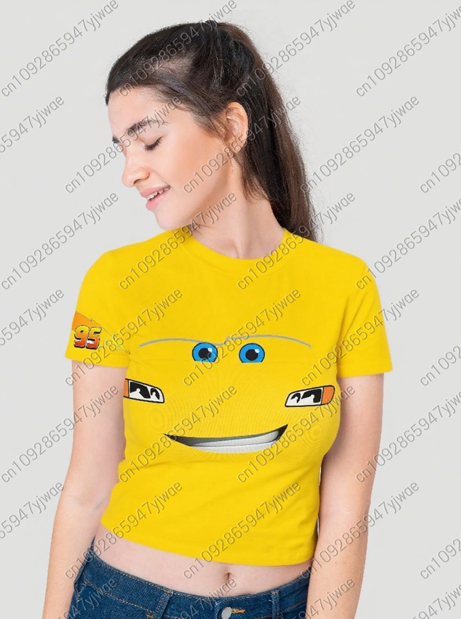 女性アメリカンライトニングマックィーンセクシーなブラウス tシャツクロップドショート Tシャツ女性ラウンドネックカジュアルショートトップス Tシャツ