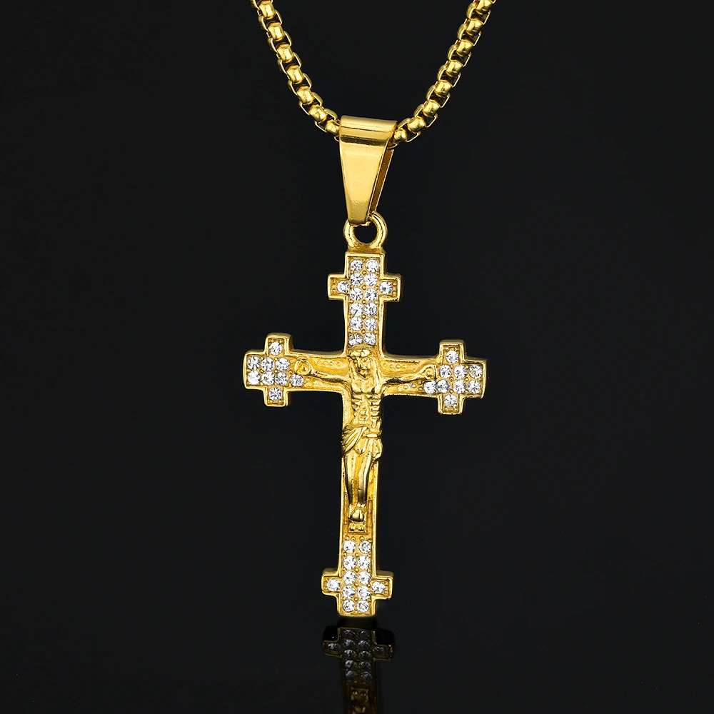 Religious Christ Jesus Cross Iced Out Shiny CZ Pendant Men Gold Color Stainless Steel Crucifix Necklace for Women Jewelry Gift
