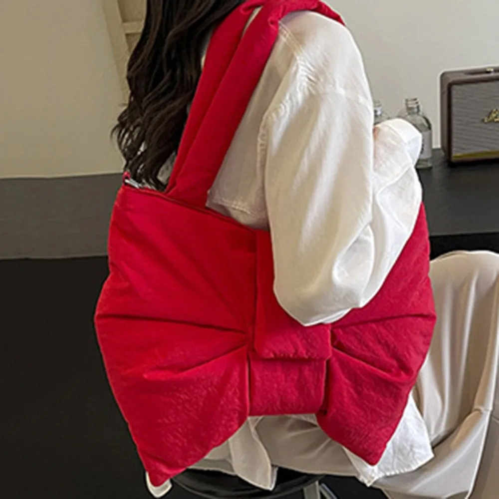 الكورية نمط Ruched Bowknot حقيبة كتف سعة كبيرة لينة النايلون مبطن حمل حقيبة التنقل القطن مبطن حقائب كروسبودي امرأة