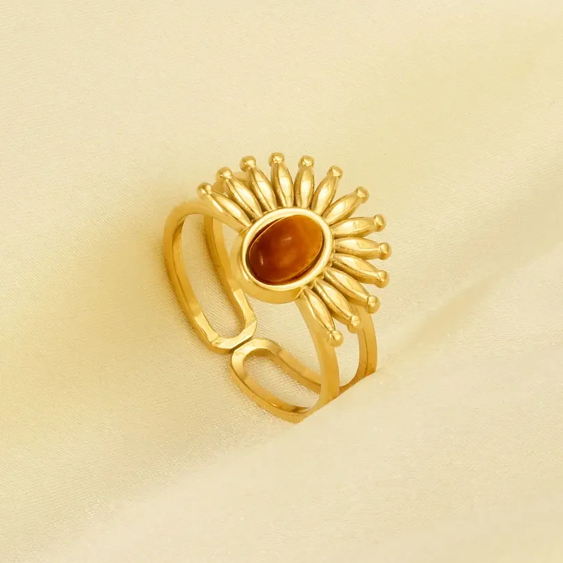 1pc New Retro Bohemia Stainless Steel Brown Tiger Stone Ring Gold Color Originality Sun Oval Peach Heart Adjustable Accessories