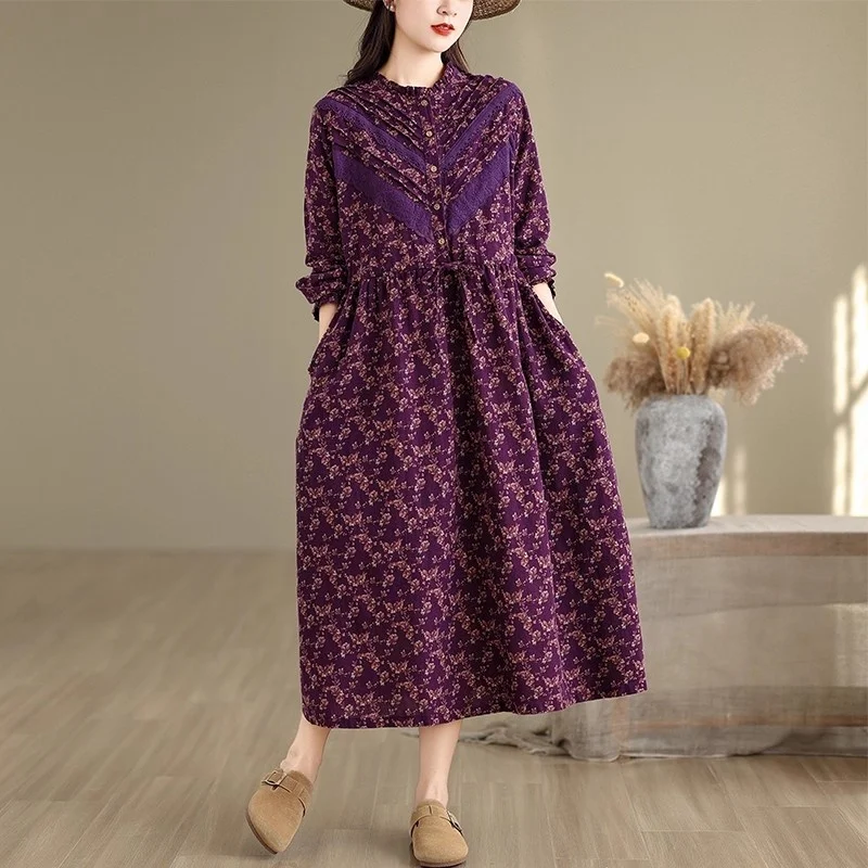 2025 Herfst Nieuwe Artistieke Retro Gebloemde Jurk Voor Vrouwen Losse Lace Up Hoge Taille A-lijn Lange Jurk Casual Kleding W717