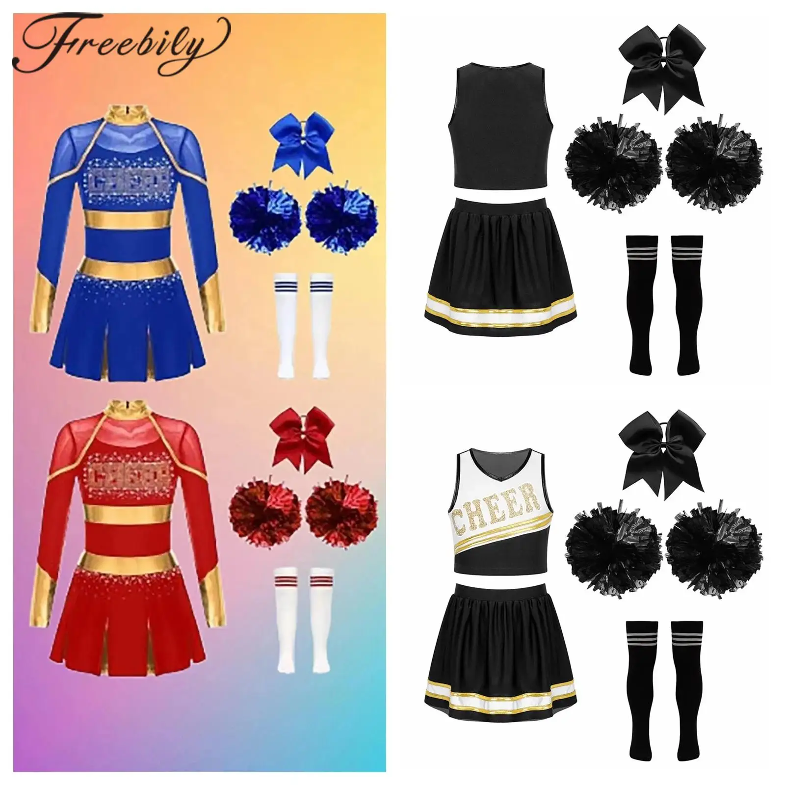Kids Girls Cheerleading Team Dance Outfits Cheerleader Costume Schoolgirls Uniform Metallic Long Sleeve Dress Hand Flowers Socks