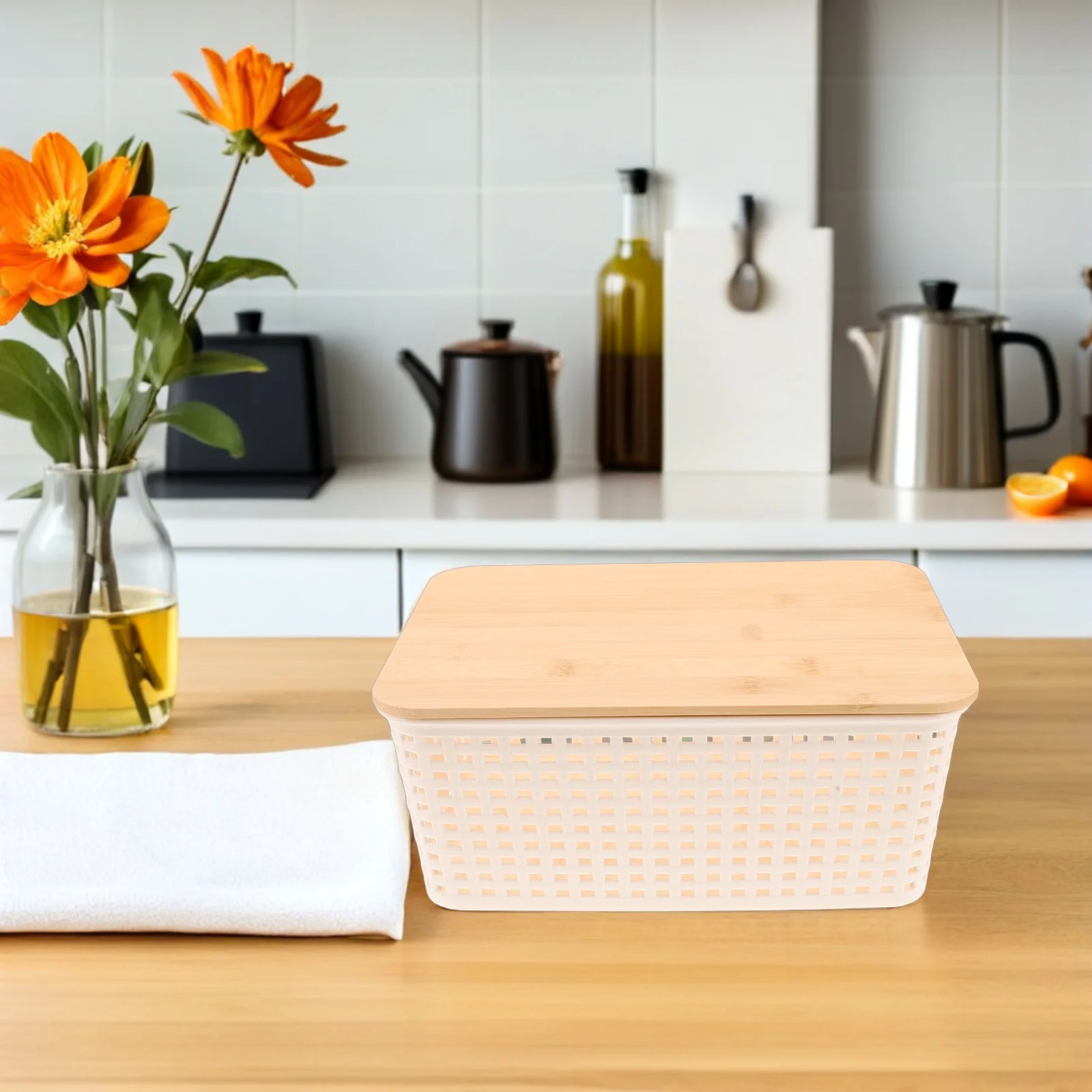 

2Pcs Kitchen Countertop Organizer Basket Plastic Storage Bins with Bamboo Lid Stackable Vegetable Potato Storage Pantry