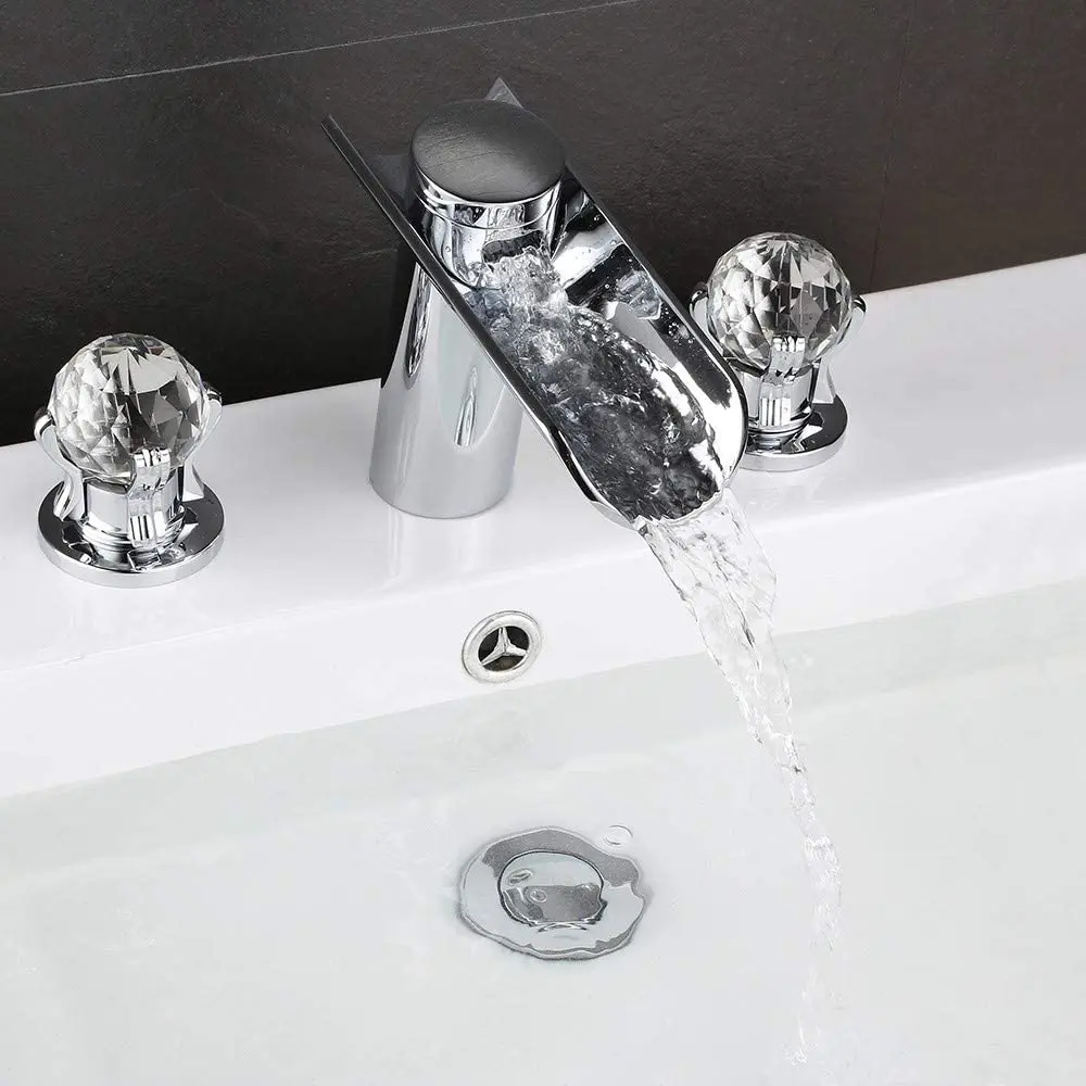 

Good Quality Brass Cold hot water Vanity Waterfall Sink Faucet,2-Crystal Handles 3-Hole Widespread Bathroom Faucet (Chrome)