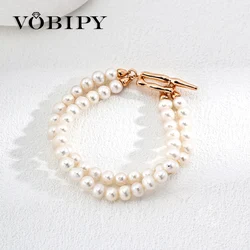 VOBIPY 925 Sterling Silver Natural Freshwater Pearl Bracelet Personality Pearl Double Bracelet Women's Party Wedding Jewelry