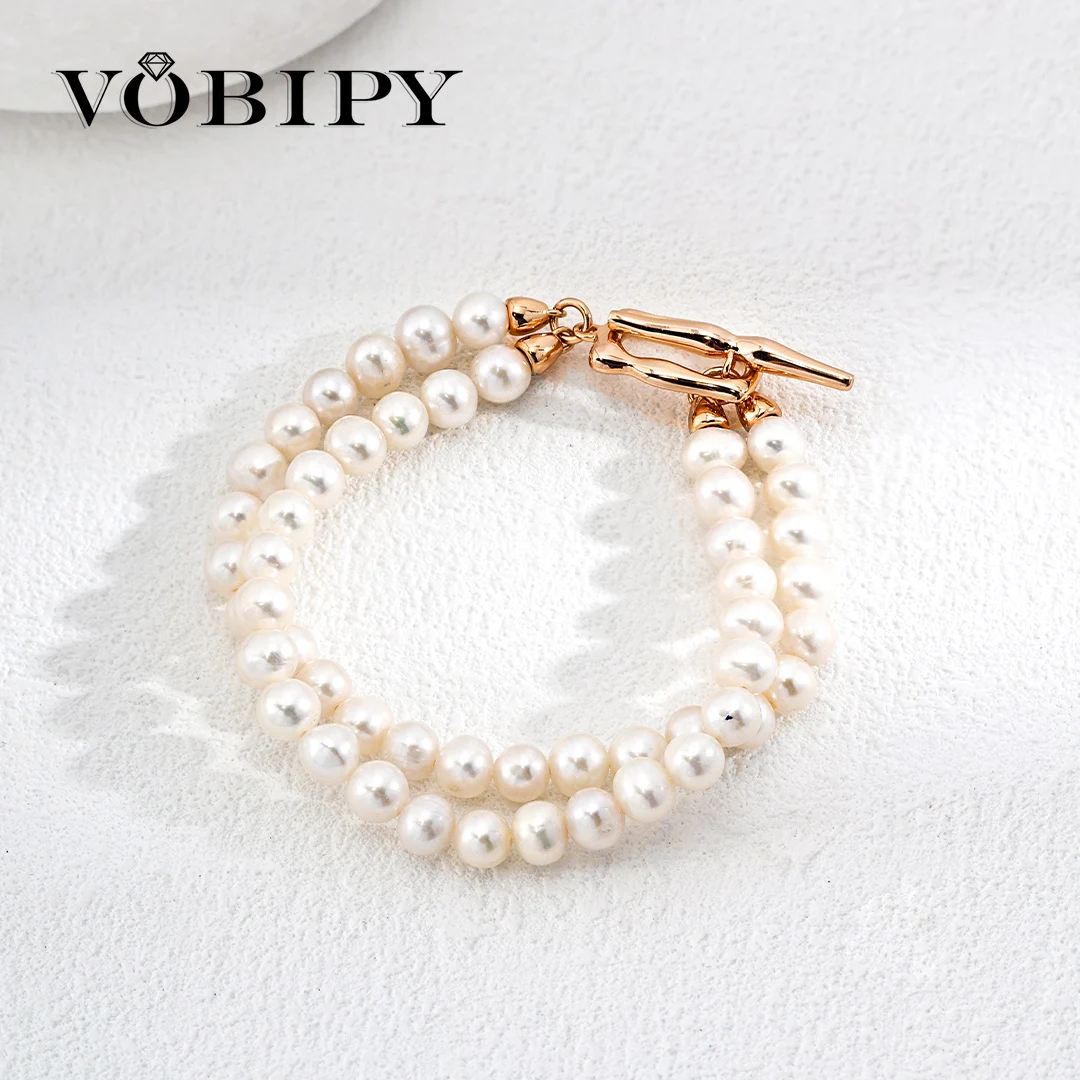 VOBIPY 925 Sterling Silver Natural Freshwater Pearl Bracelet Personality Pearl Double Bracelet Women's Party Wedding  Jewelry