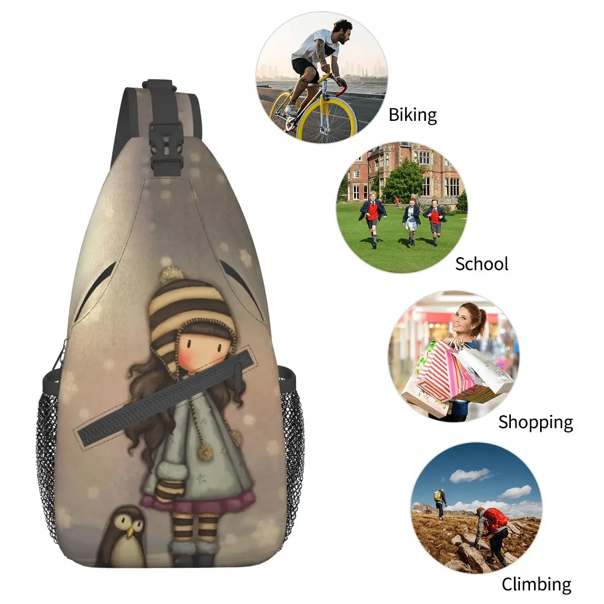 Santoro Gorjuss Boneca Crossbody Sling Sacos Pequeno Peito Bag Cartoon Ombro Mochila Mochila para Caminhadas Outdoor Camping Satchel