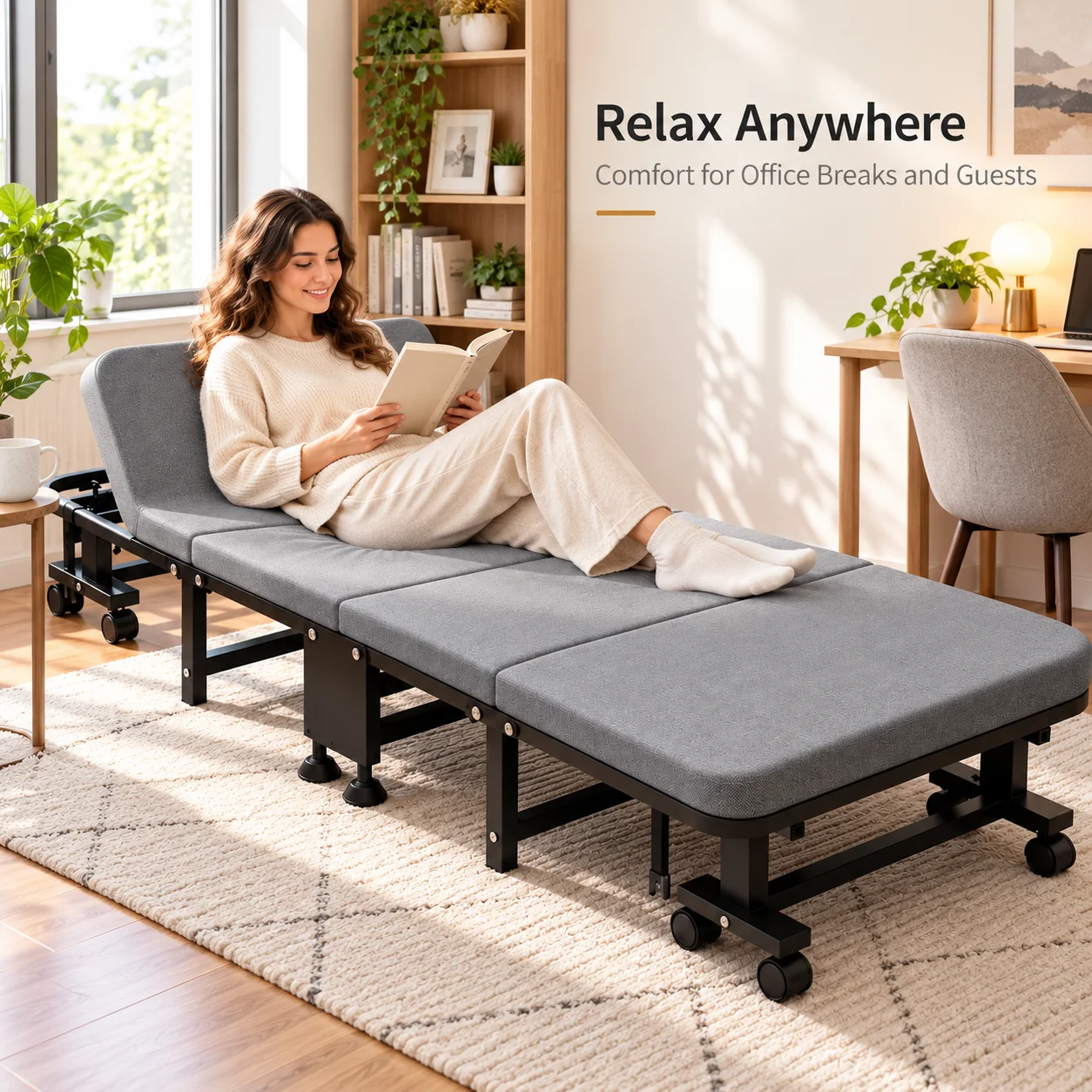 AOLIVIYA Folding Bed Portable Rollaway Guest Cot With Mattress Adjustable Headrest 8 Wheels Space Saving Single Sleeper For