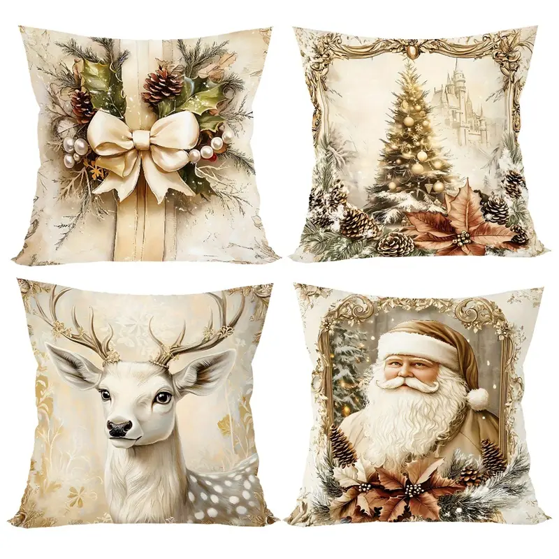 4 pçs vintage natal santa veados árvore arco lance fronhas decorativas douradas do feriado para sofá decoração de casa