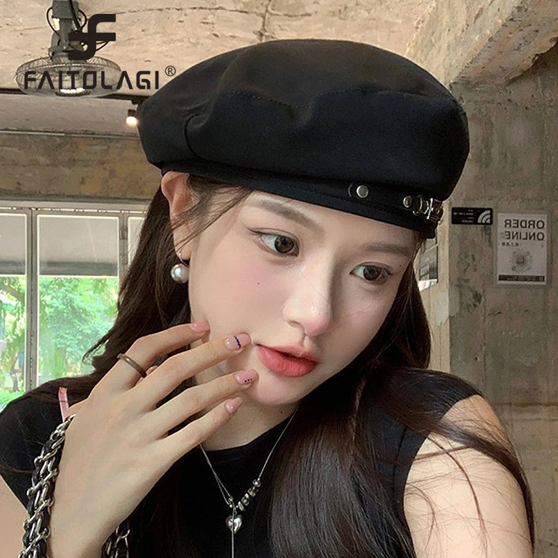 Fashion Metal Buckle Women Beret Korean Girl Octagonal Cap  display picture 3