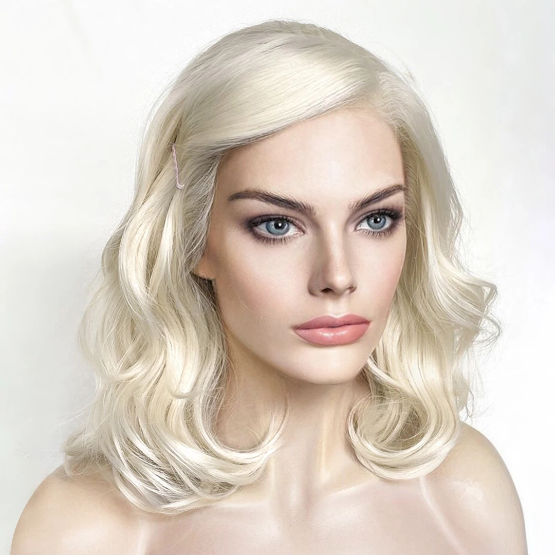 Leimlose weiße blonde Frauen transparente Spitze vorne synthetische Haar Perücken Baby Haar natürlichen Haaransatz kurze Bob Spitze Perücken freies