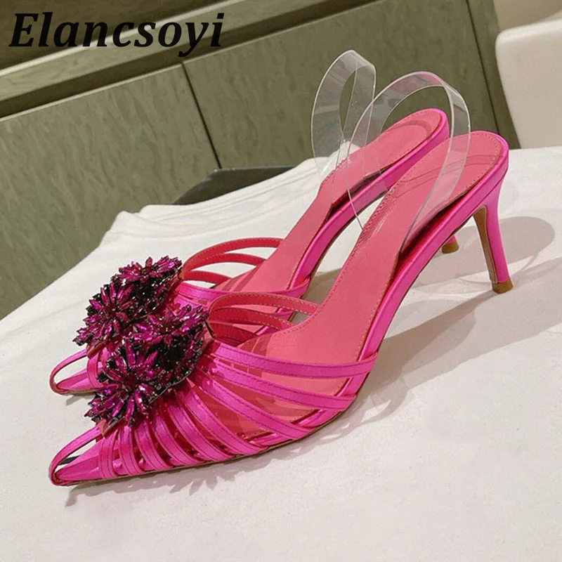 

Summer Pointed Toe Genuine Leather Thin Heel Sandals Women Sparkling Bling Crystal Flower Back Strap Sandalias Party Dress Shoes