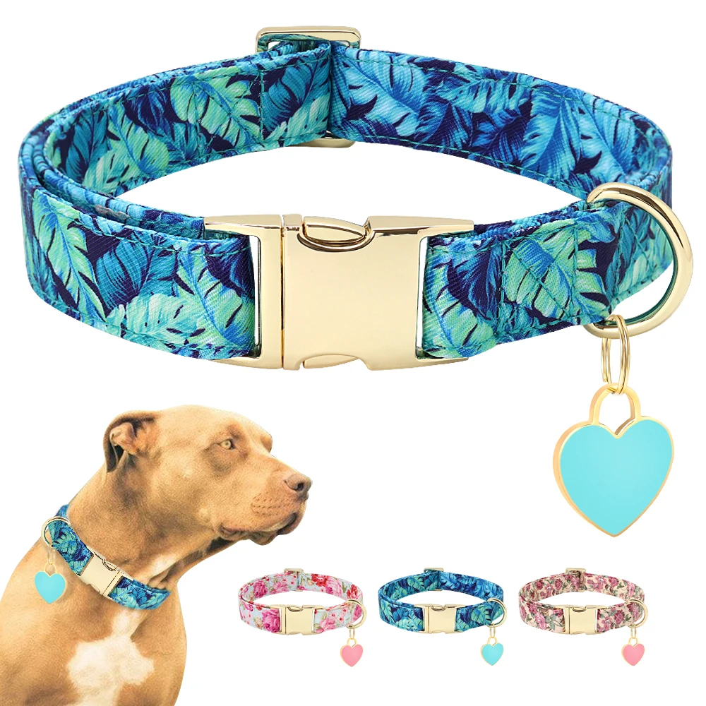 Nylon Dog Collar Printed Dog Collars With Custom ID Heart Tag Pendant Pet Puppy Necklace Adjustable For Small Medium Large Dogs