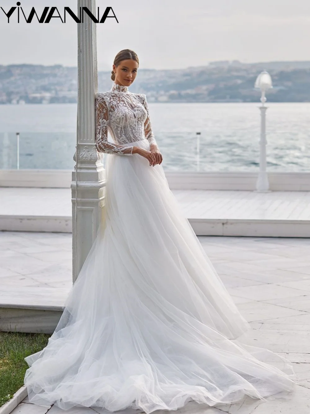 

Stunning Beaded Appliques Wedding Dress Modest High Collar Long Sleeve Bridal Gown Customized A-line Tulle Dresses For Bride