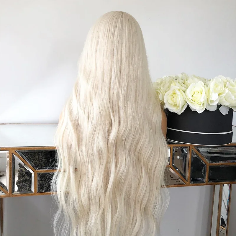 Platinum blonde Long Wavy Heat Resistant Hair Costume Wig With Bangs