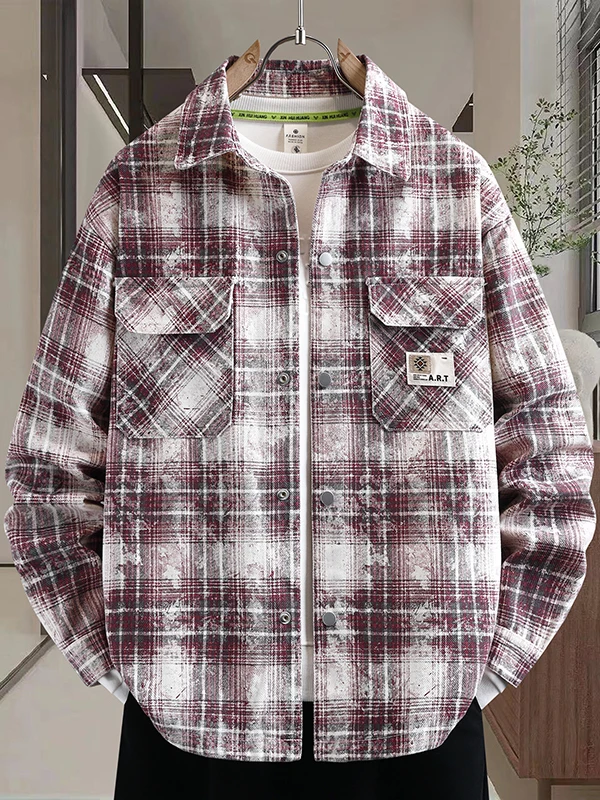 

Retro Plaid Men's Casual irt Spring Season Turn-down Collar Double ket Cuff Cotton Polyester Blend Youth Outerwear