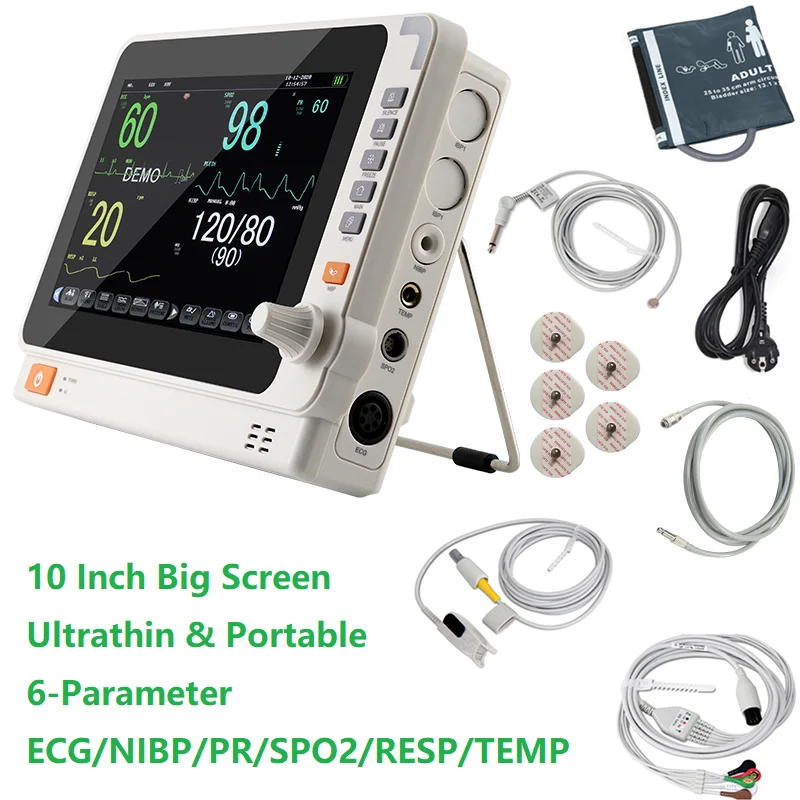 10 Inch Ultrathin Screen Human / Vet Use Portable 6-Parameter Vital Signs Monitor ECG/NIBP/PR/SPO2/RESP/TEMP Patient Monitor