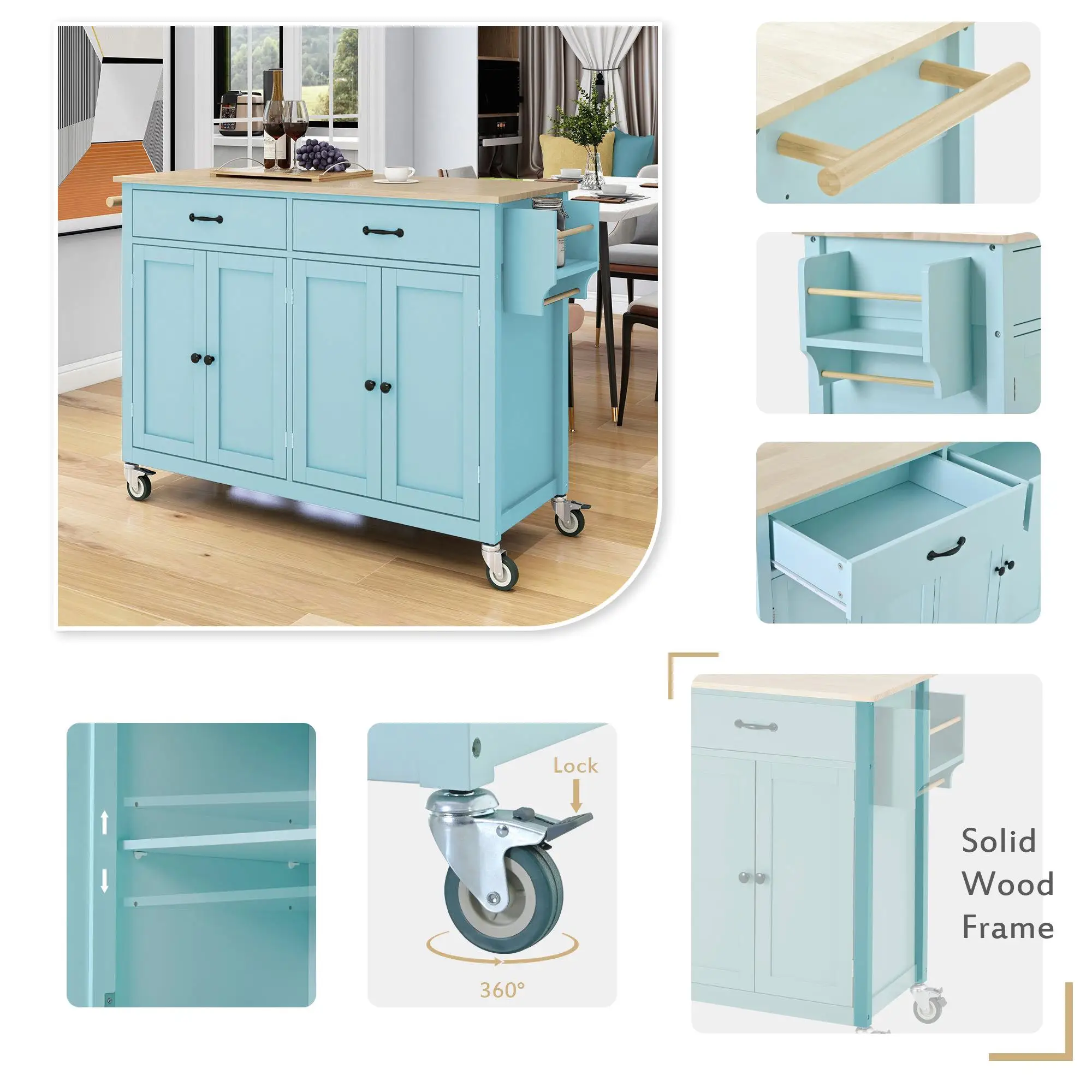 Mint Green Kitchen Island Cart with Solid Wood Top, 4 Cabinets, 2 Drawers, Locking Wheels, Adjustable Shelves & Spice Rack