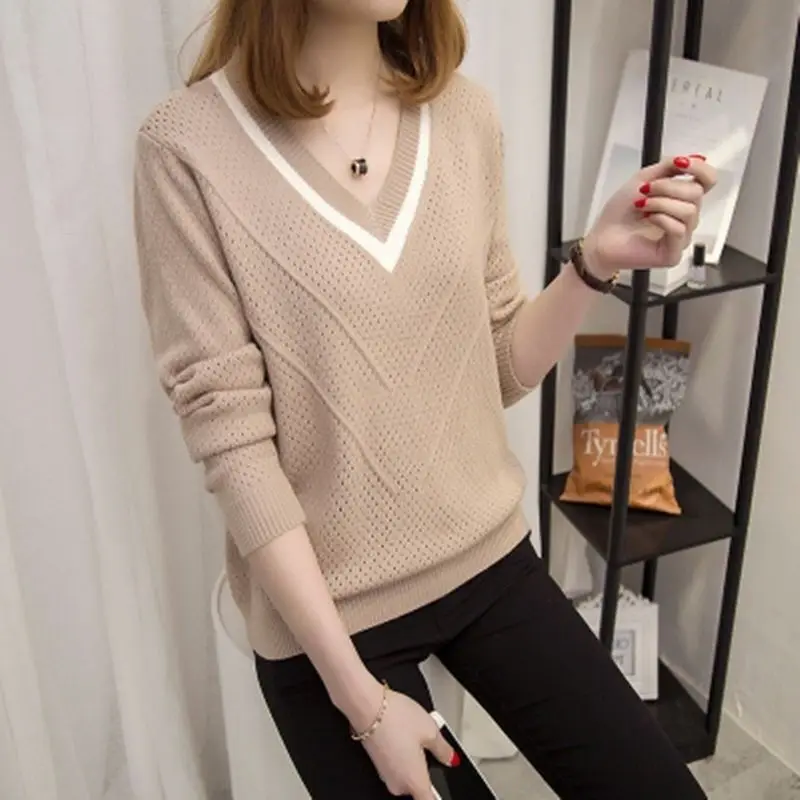 Women's Autumn Fashion Simplicity Solid Color V-neck Long Sleeve Knitwear Women Clothes Office Lady All-match Casual Loose Tops