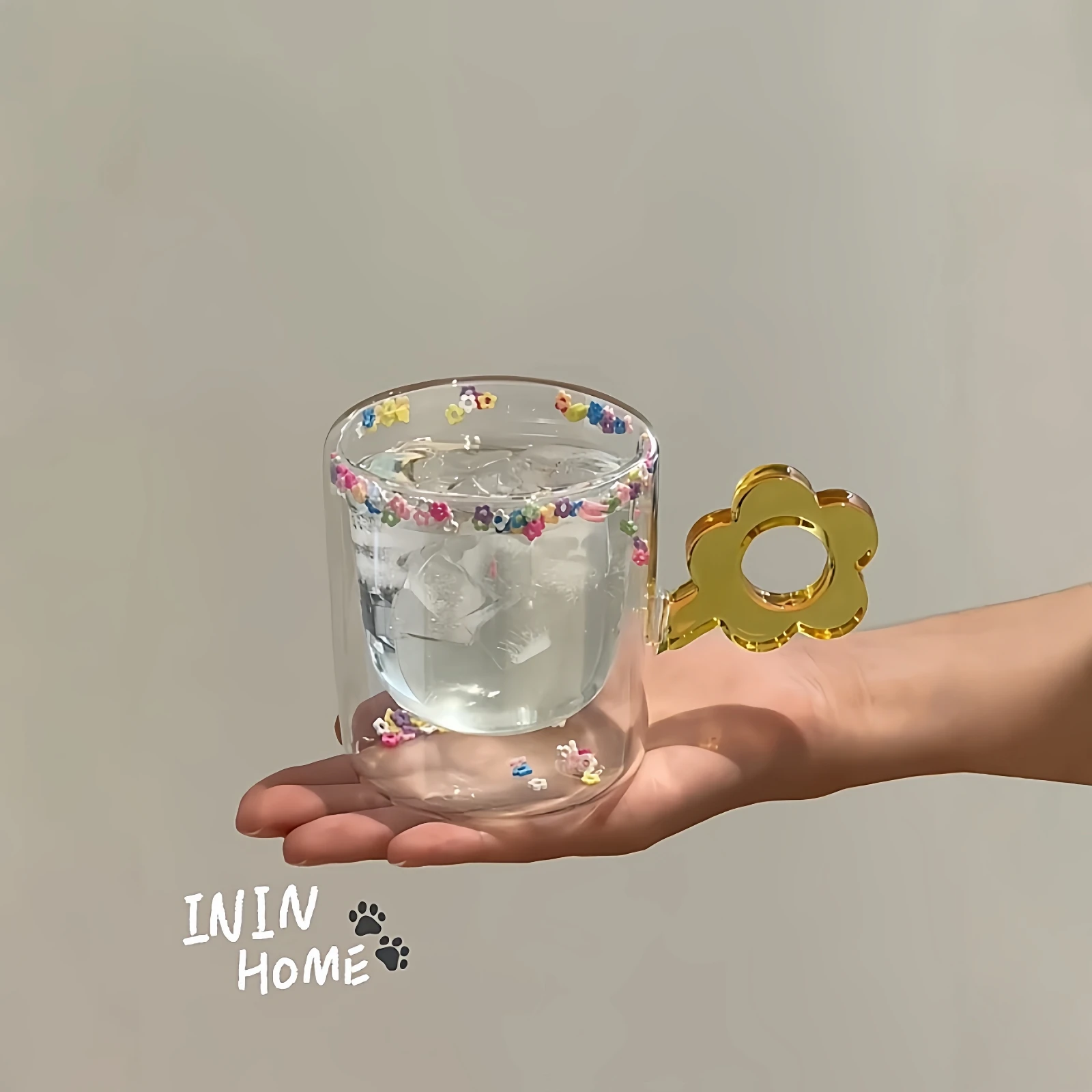 

Double Layered Glass Cup with Handle Creative Floral Sand Filter Cup High Aesthetic Value Transparent Coffee Milk Cup for Women