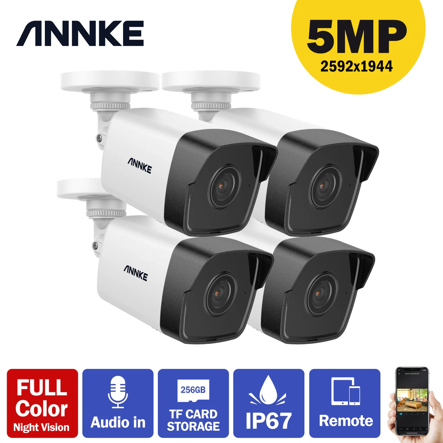 

ANNKE 1PC/4PCS Ultra FHD 5MP POE IP Camera Outdoor Indoor Waterproof Security Network Bullet Night Vision Email Alert Camera