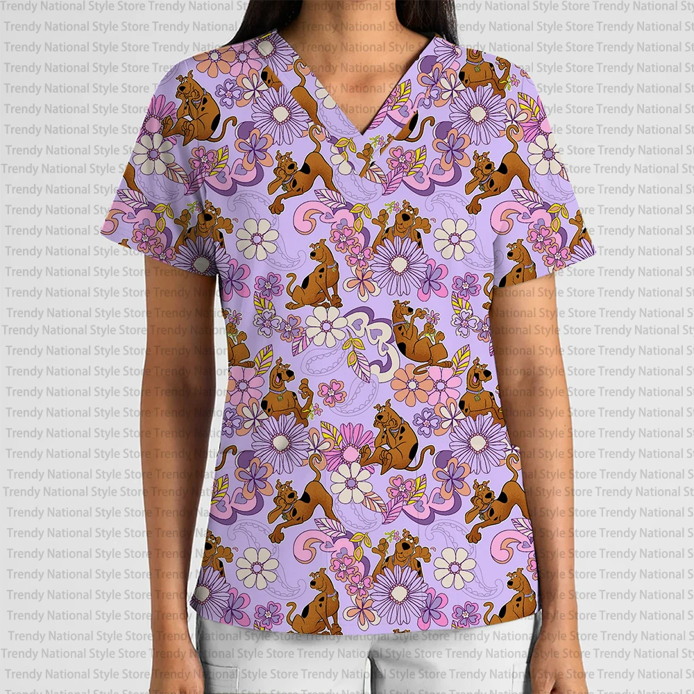 2025 New Summer Disney Cartoon Print Women's Work Uniform V-Neck Pocket Scrub Top Dental Pet Shop Beauty Salon T-shirt