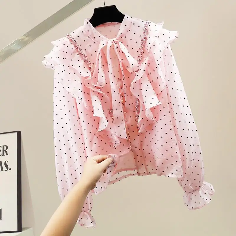 

Faionable Heavy Embellied Polka Dot Design Loose Long Sve irt New Sle Slimming Versatile Top Trendy Women's Blouse