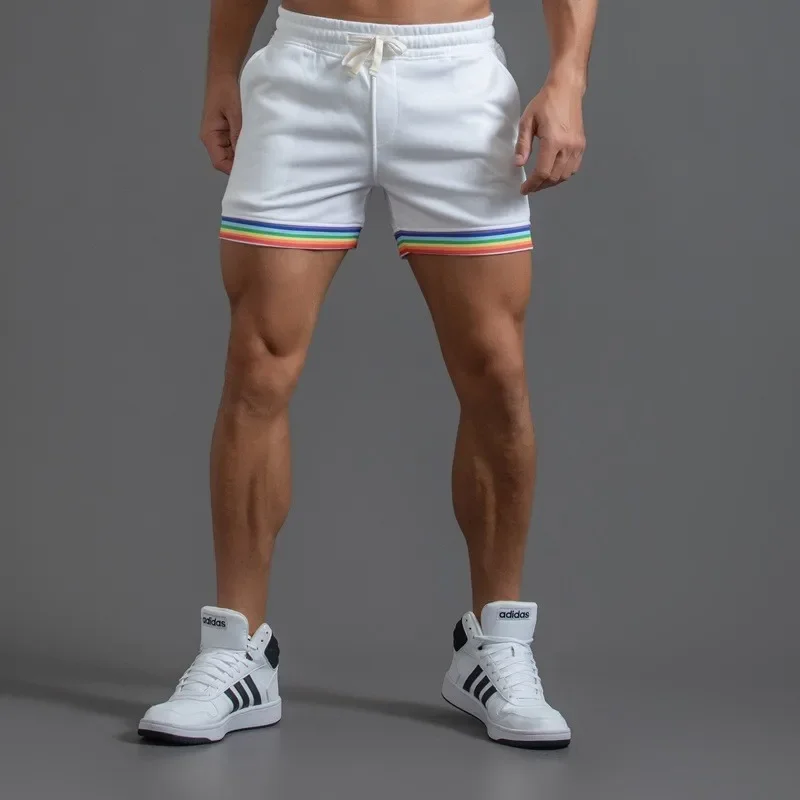 Summer Casual Sports Shorts Men's Fashion Rainbow Color Combination Plus Size Three-quarter Pants Rope Running Training Pants