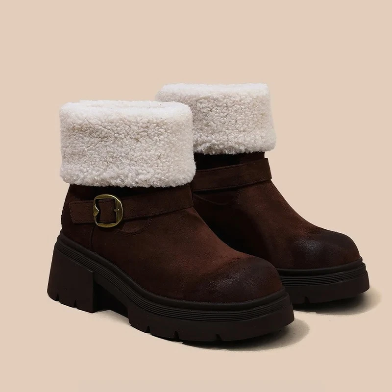 

Женские ботильоны на меховом высоком каблуке, модная замшевая обувь, массивные теплые зимние ботинки, 2021, короткие плюшевые туфли-лодочки, новые модельные женские ботинки