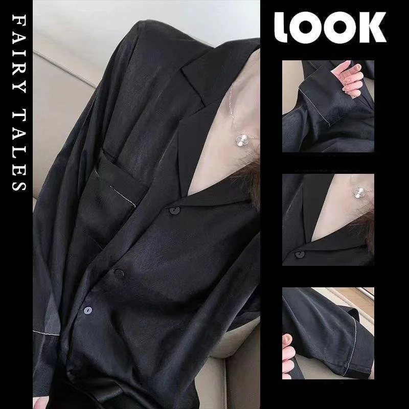 Senior Sense of Ice Silk Pyjamas Female Summer Long-Sleeved Long Trousers New Ins Silk Homewear Suit Black Jacquard