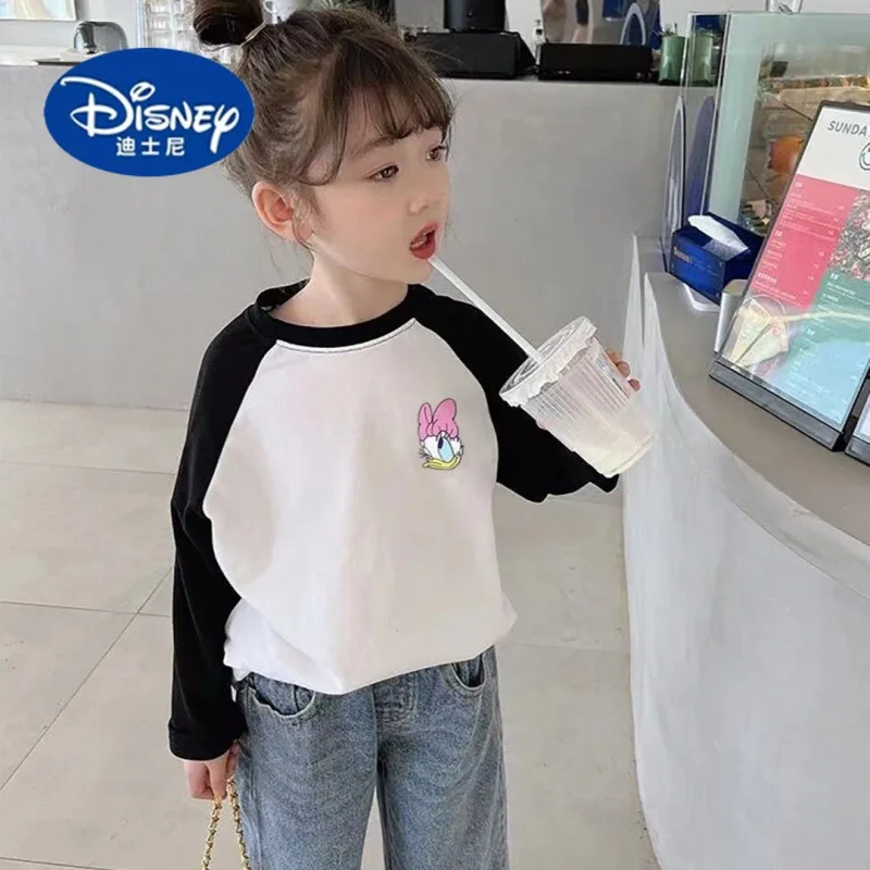 Korean Style Disney Girls Color Block T-Shirt | 2024 New Long Sleeve Cotton Top, Cute Spring Fall Shirt