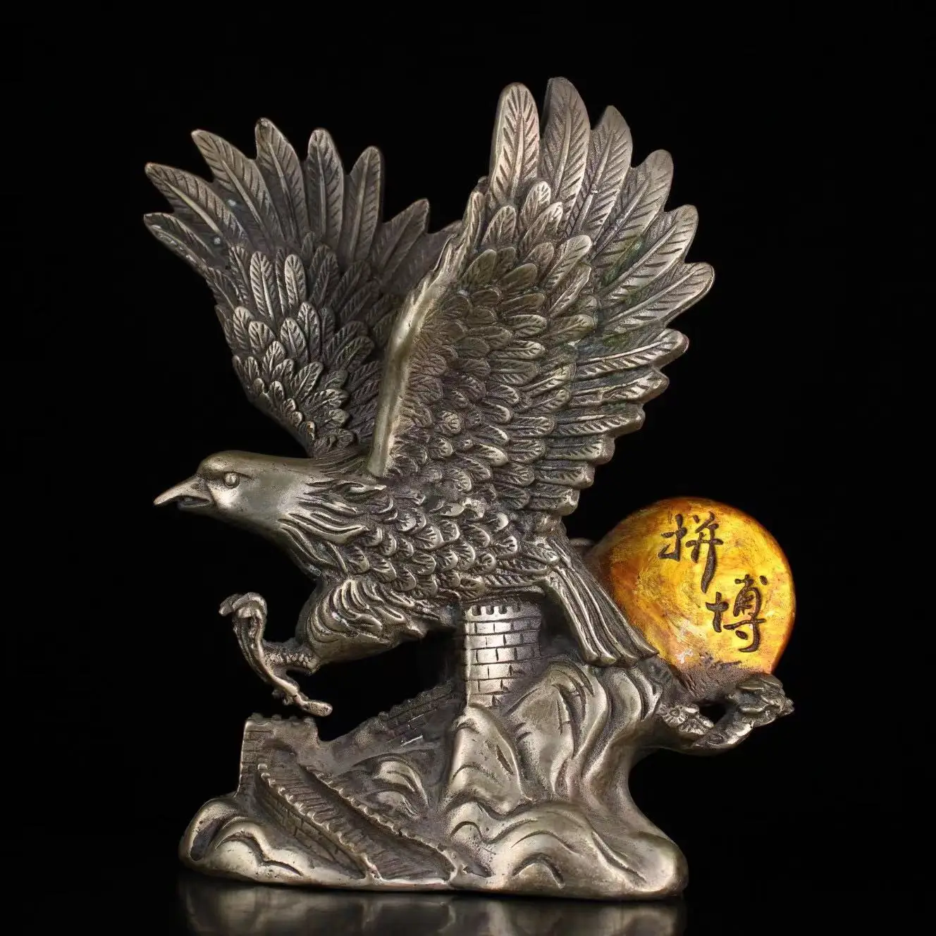 Rare  old silver eagle spreads its wings statue