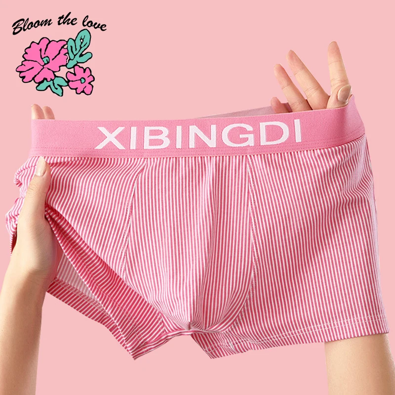 [Bloom the love] Pink Striped Boxer Men Underwear Calzoncillos Cotton Mens Boxers Cuecas Masculinas Man Panties Size M-XXL ST155