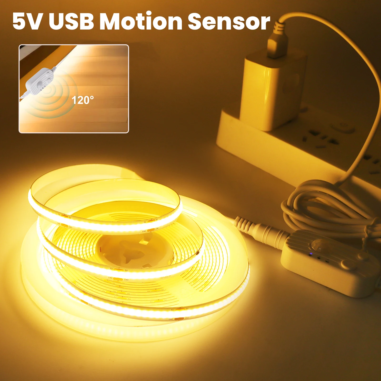 Motion Sensor 5V USB COB Strip 3MM 5MM 8MM Green/White/Ice Blue/Pink/Yellow/Pink Flexible Ribbon Rope Bedroom Home Decor Light