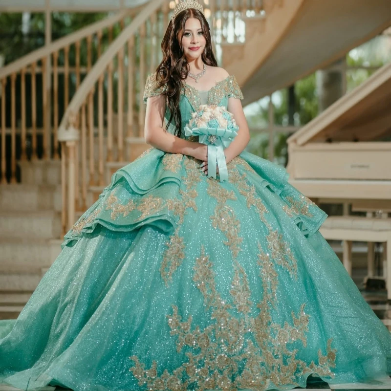 

Mint Green Shiny Quinceanera Dresses Off The Shoulder Applique Lace Beading Tull Party Birthday Sweet 16 Dress Vestidos 15 Anos
