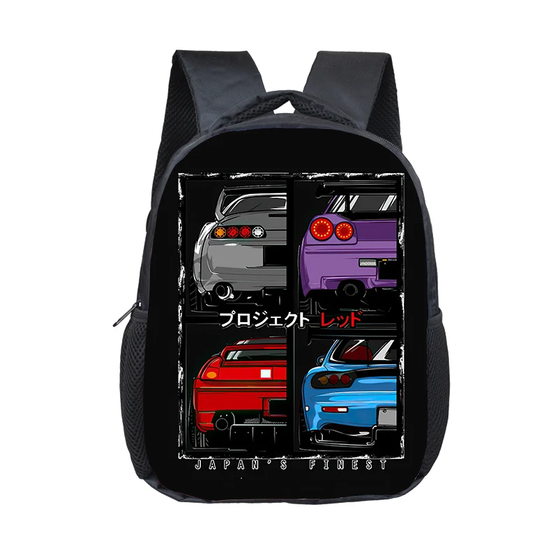 Mochila japonesa con estampado de coche de carreras JDM para niños y niñas, morral escolar de 12 pulgadas con motor Turbo, para guardería