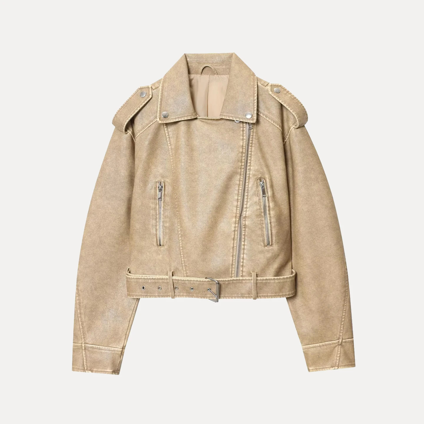 Chaqueta de Cuero do para Mujer, Estilo Simple y E, Corta, con Cinturón, Estilo Otoñal, Nueva, con Cremallera, Man...