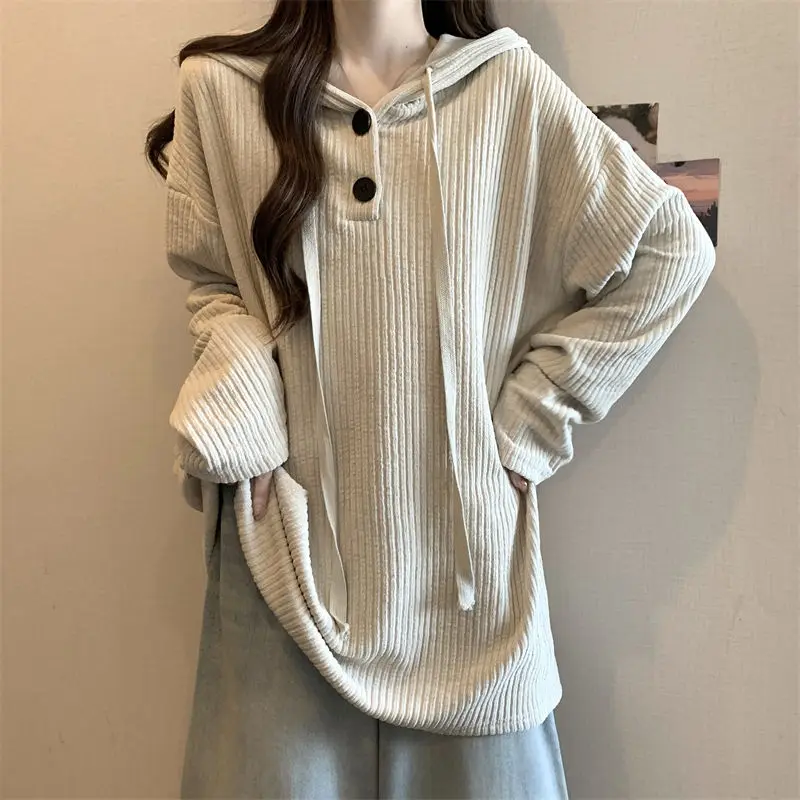 Large Textured Striped Mid Length Hooded Top for Women Loose and Slimming Long Sleeved Hoodie for Women