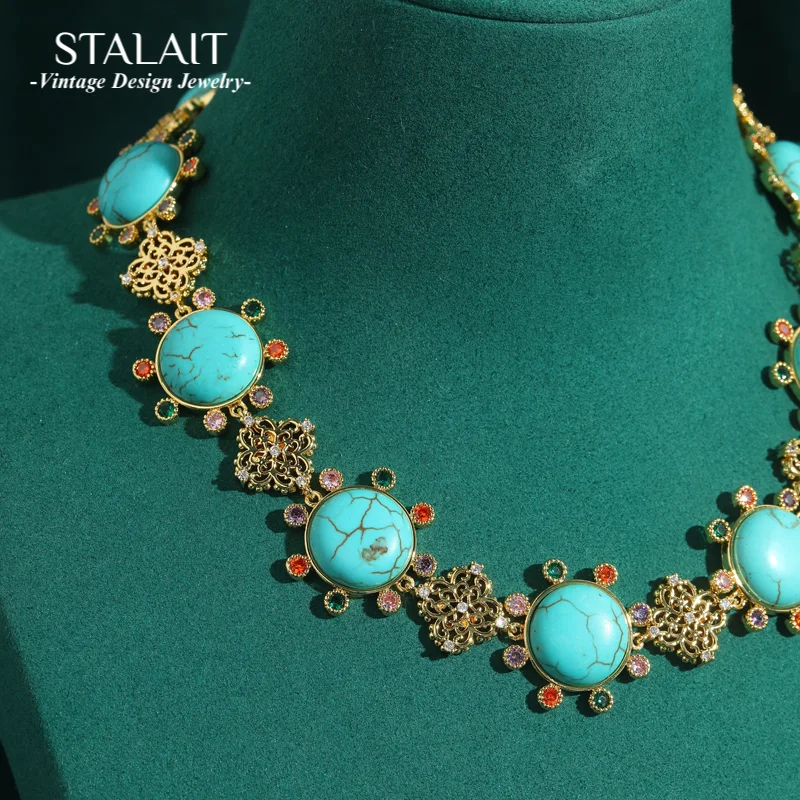 

Vintage Chokers Gothic Turquoise Necklaces For Woman Natural Style Round Sun Stones Jewelry Colorful Rhinestones Accessories New